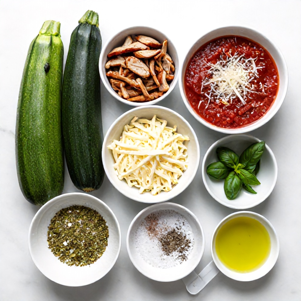 Ingredients for low-carb zucchini boats with ground turkey laid out on a wooden surface