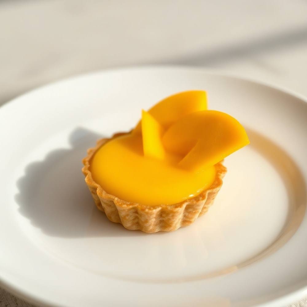 Mango curd tart plated with fresh mango slices