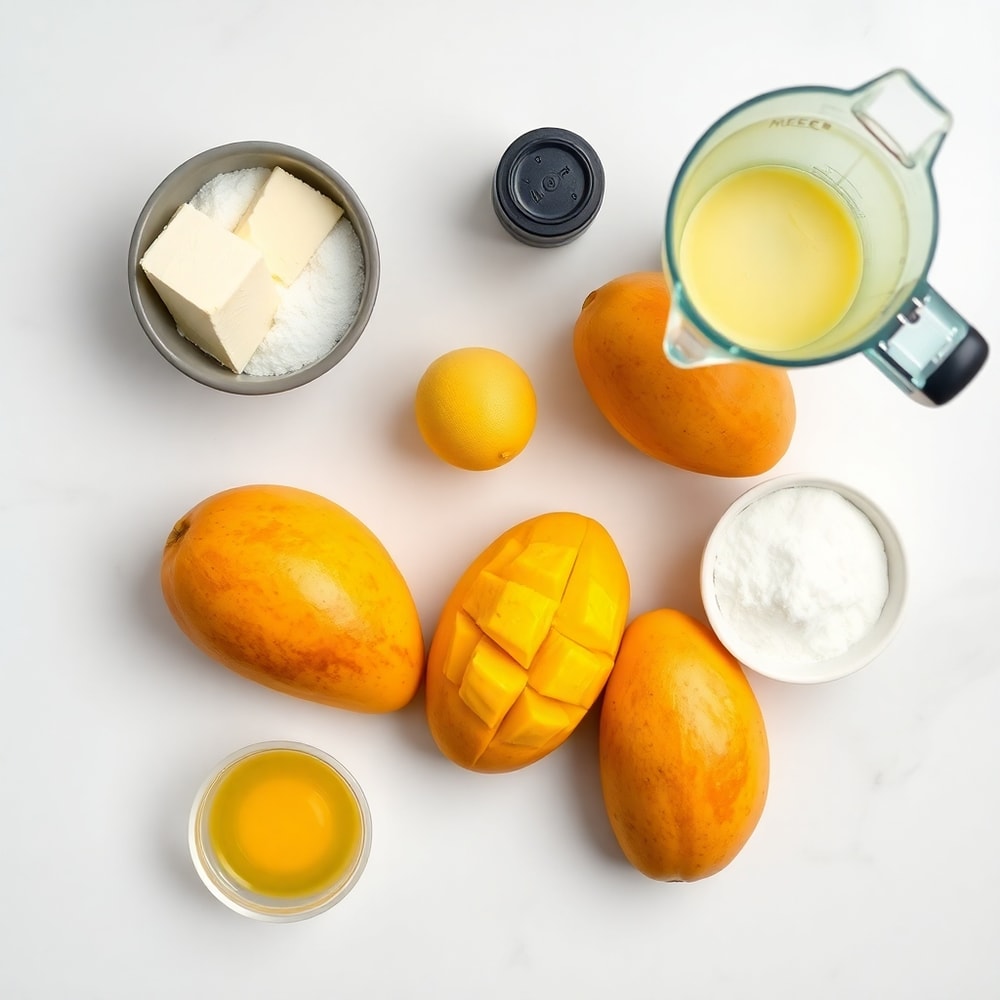 Raw ingredients for mango curd tart including mangoes, butter, and tart shells