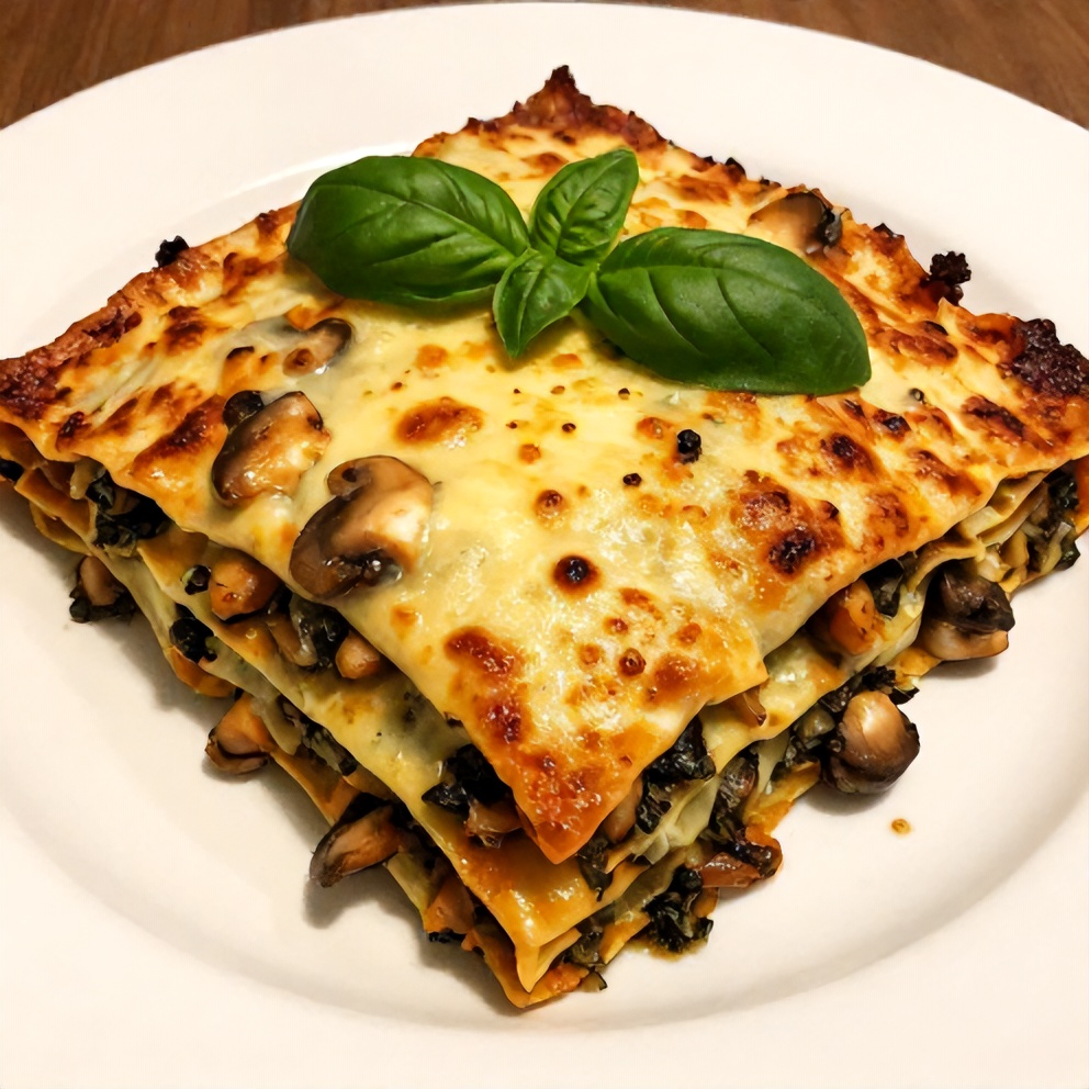 One perfect plated serving of Mushroom Spinach Lasagna on a white plate, garnished with fresh basil.