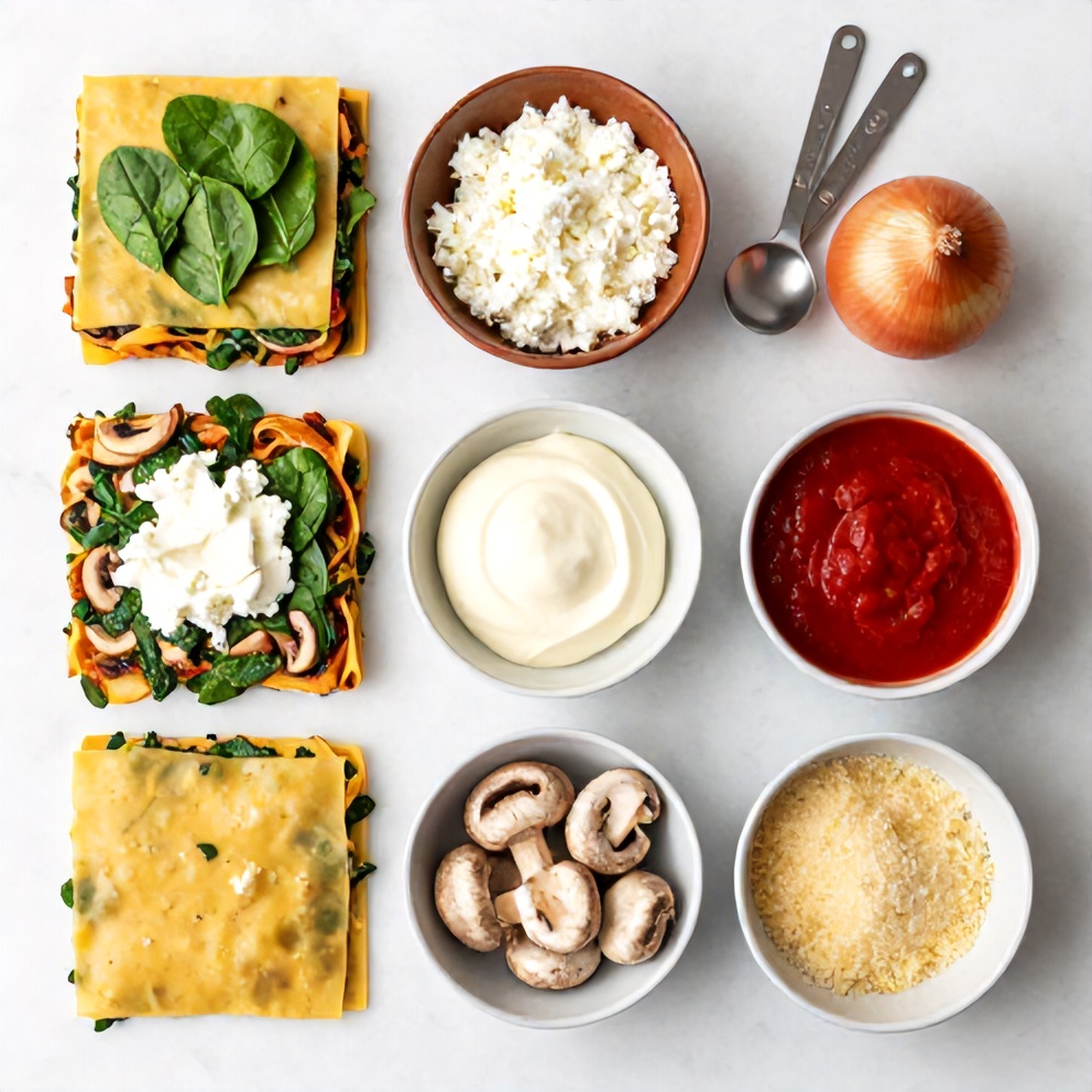 Overhead flat lay of raw ingredients for Mushroom Spinach Lasagna: lasagna noodles, spinach, mushrooms, ricotta, mozzarella, parmesan, garlic, onion, tomato sauce, measuring spoons and bowls.