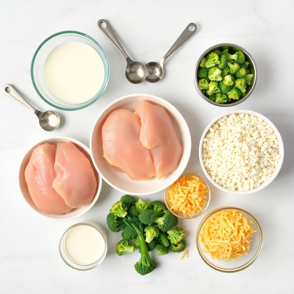 Raw ingredients for chicken broccoli rice casserole arranged in a flat lay