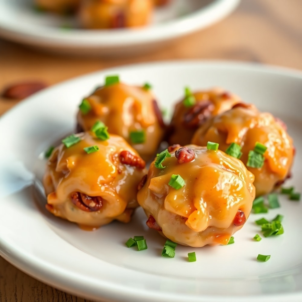 Pecan Crunch Glazed Bites plated on a white dish, garnished with chopped pecans
