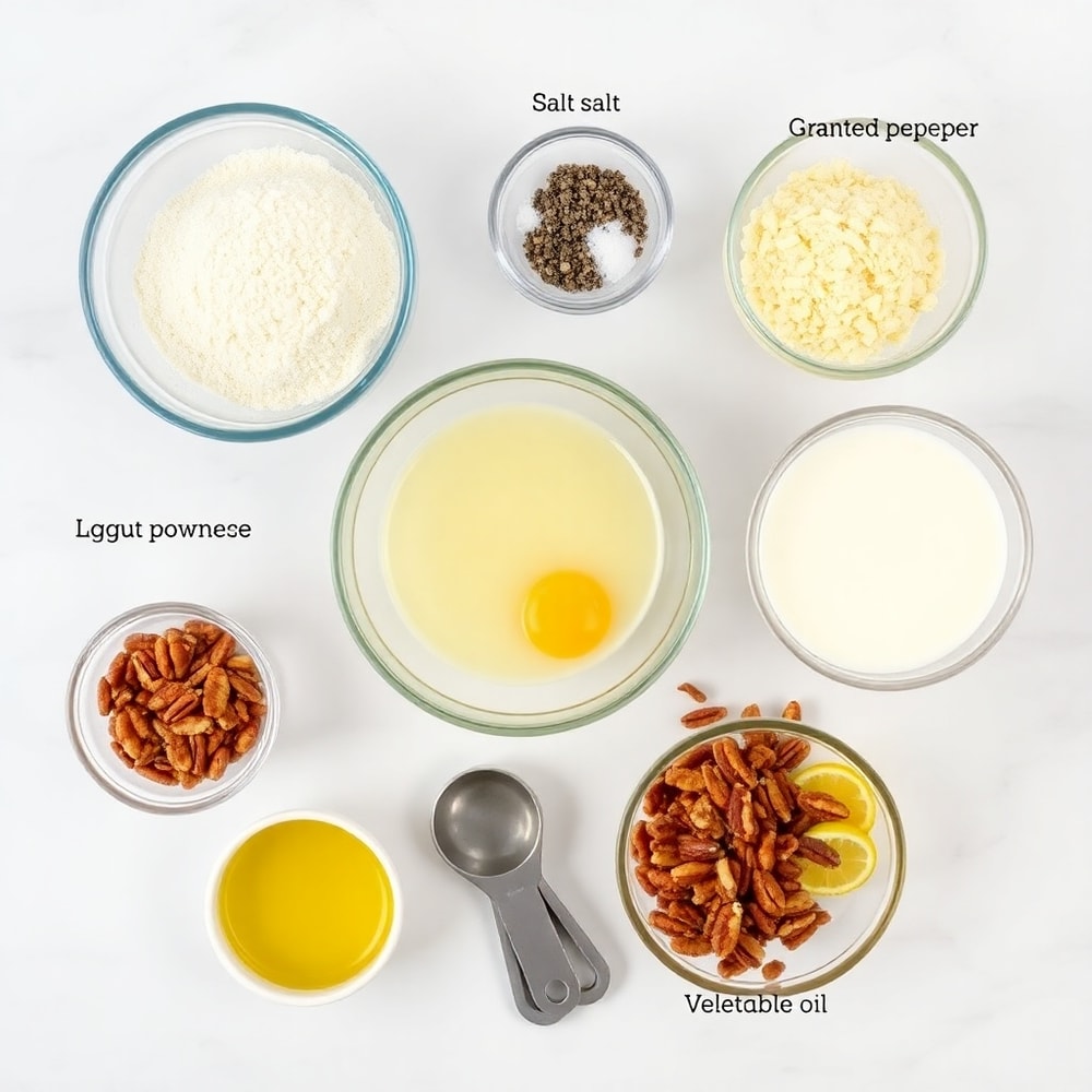 Raw ingredients for Pecan Crunch Glazed Bites on a white marble surface