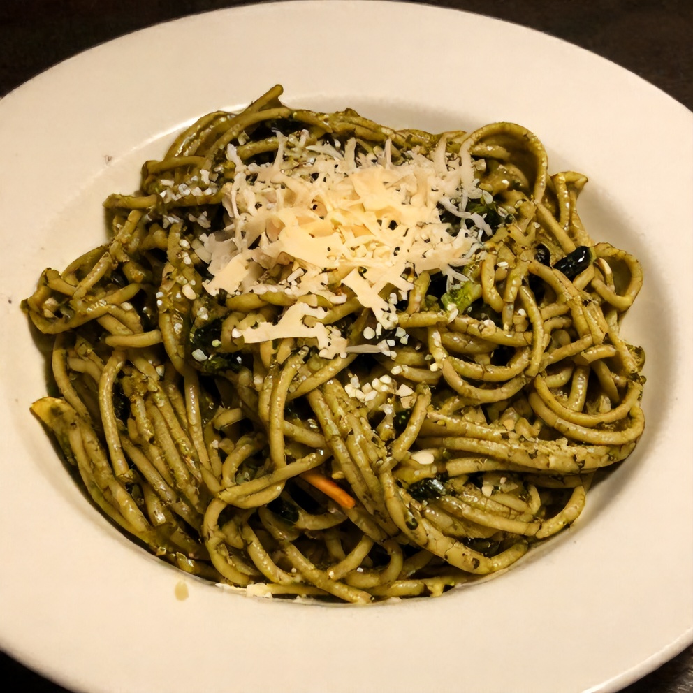 Easy Pesto Pasta plated with parmesan