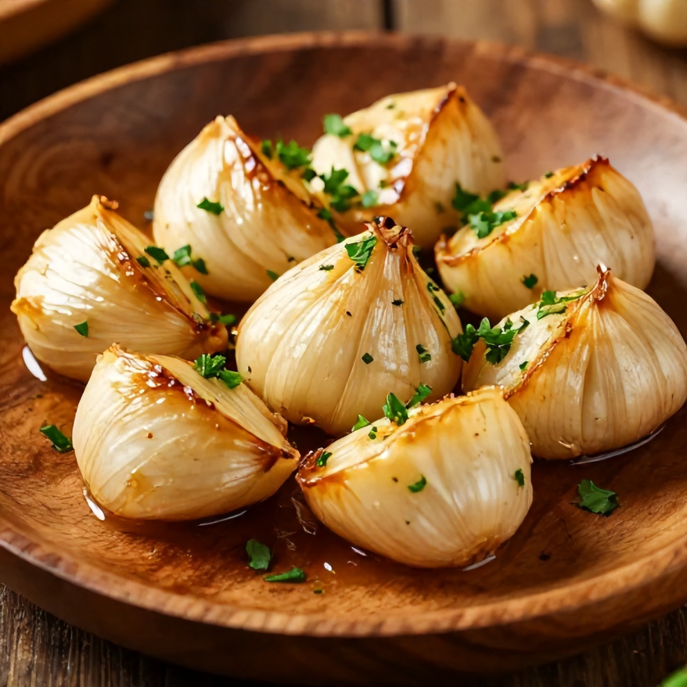 Close-up of roasted garlic cloves on a rustic plate