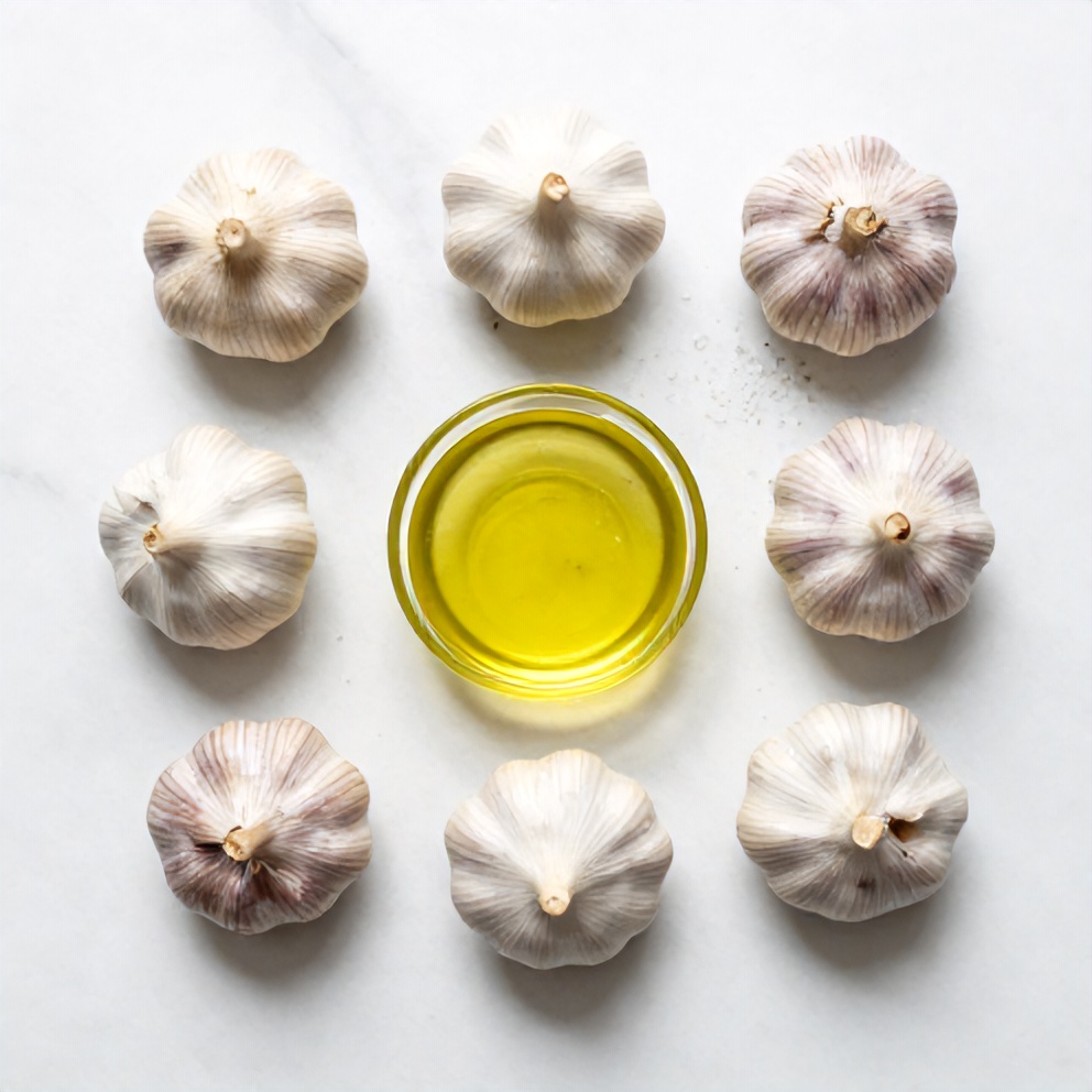 Garlic bulbs, olive oil, salt, and pepper arranged on a wooden board