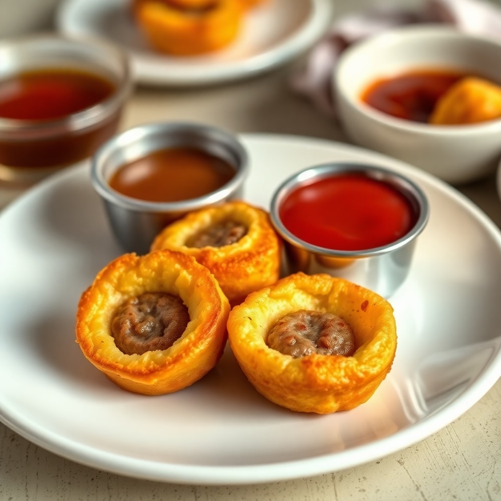 Plated Sausage Pancake Bites on a white plate