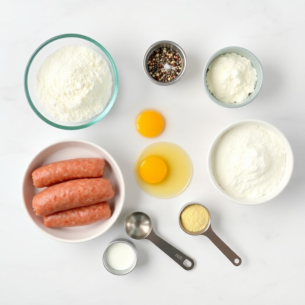 Raw ingredients for Sausage Pancake Bites on a white marble surface