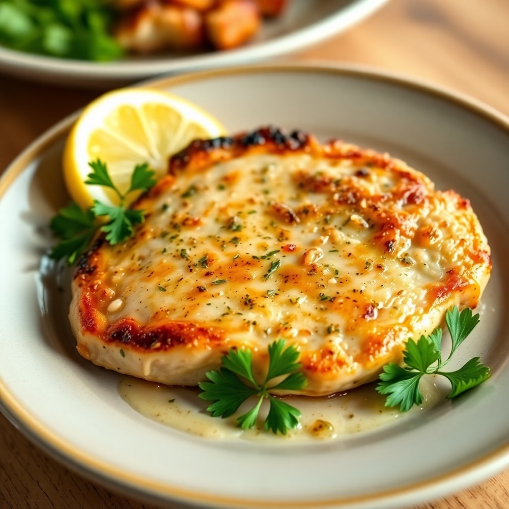 Plated sheet pan lemon garlic pork chops