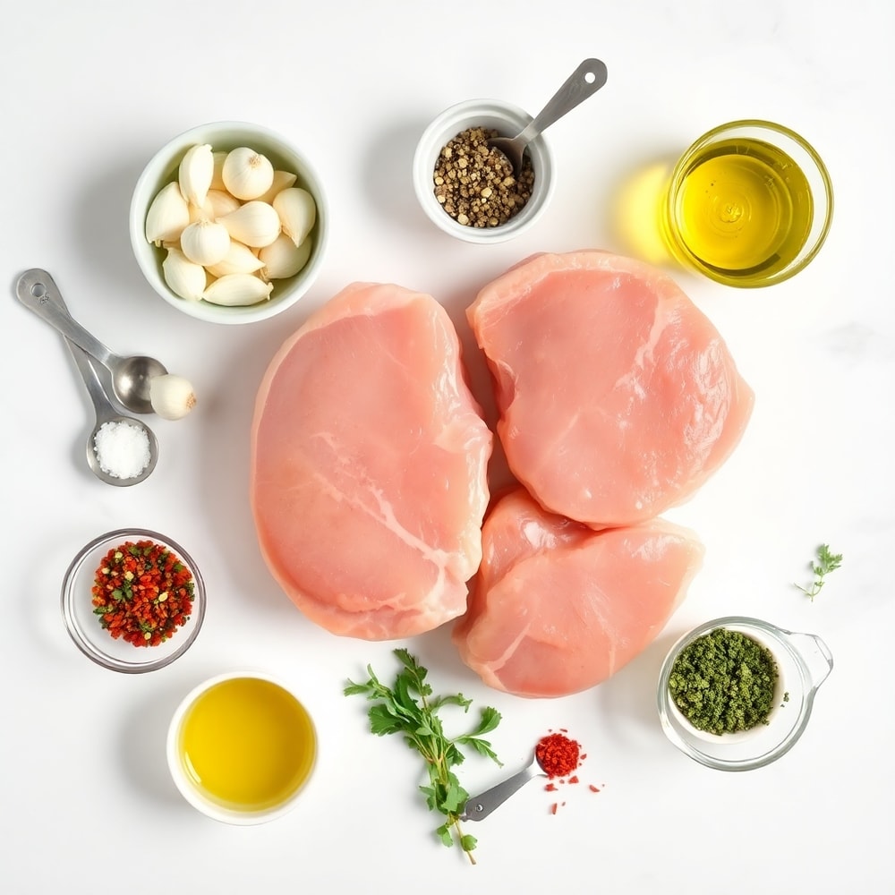 Raw ingredients for sheet pan lemon garlic pork chops