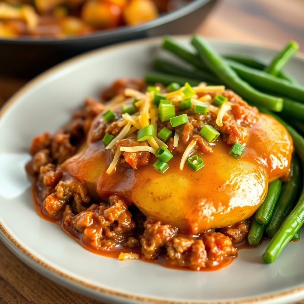 Sloppy Joe Potato Skillet plated with a side of green beans