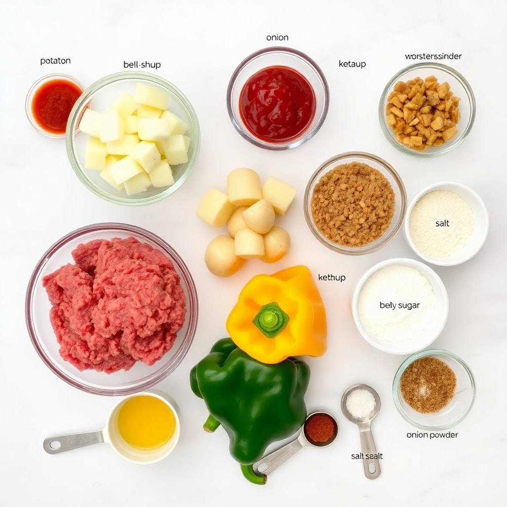 Raw ingredients for Sloppy Joe Potato Skillet arranged in a flat lay