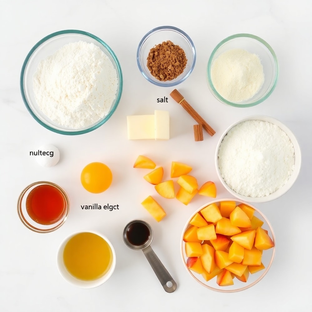 Ingredients for Easy Spiced Peach Bread on a marble counter