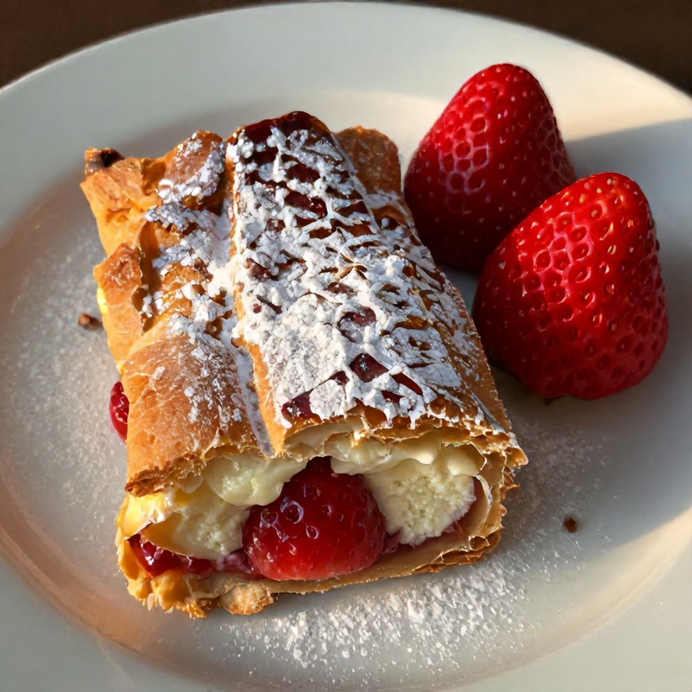 Plated serving of strawberry cheesecake pockets on a white plate