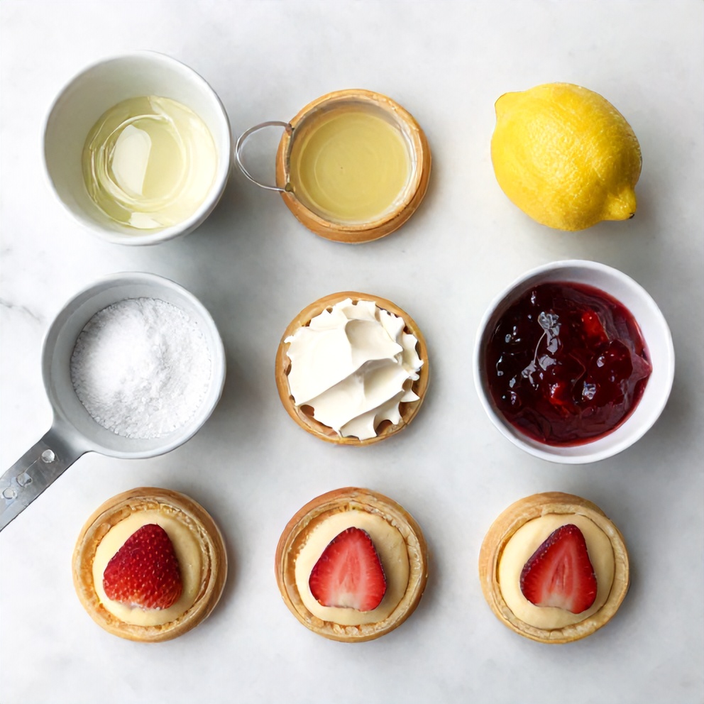 Raw ingredients for strawberry cheesecake pockets on a white marble surface