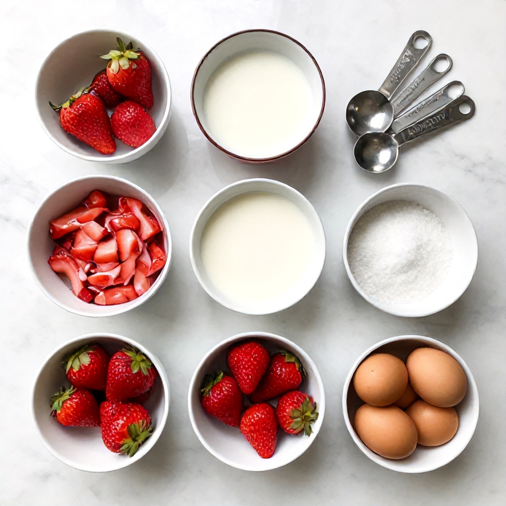 Strawberries, cake mix, evaporated milk, and other ingredients for earthquake cake