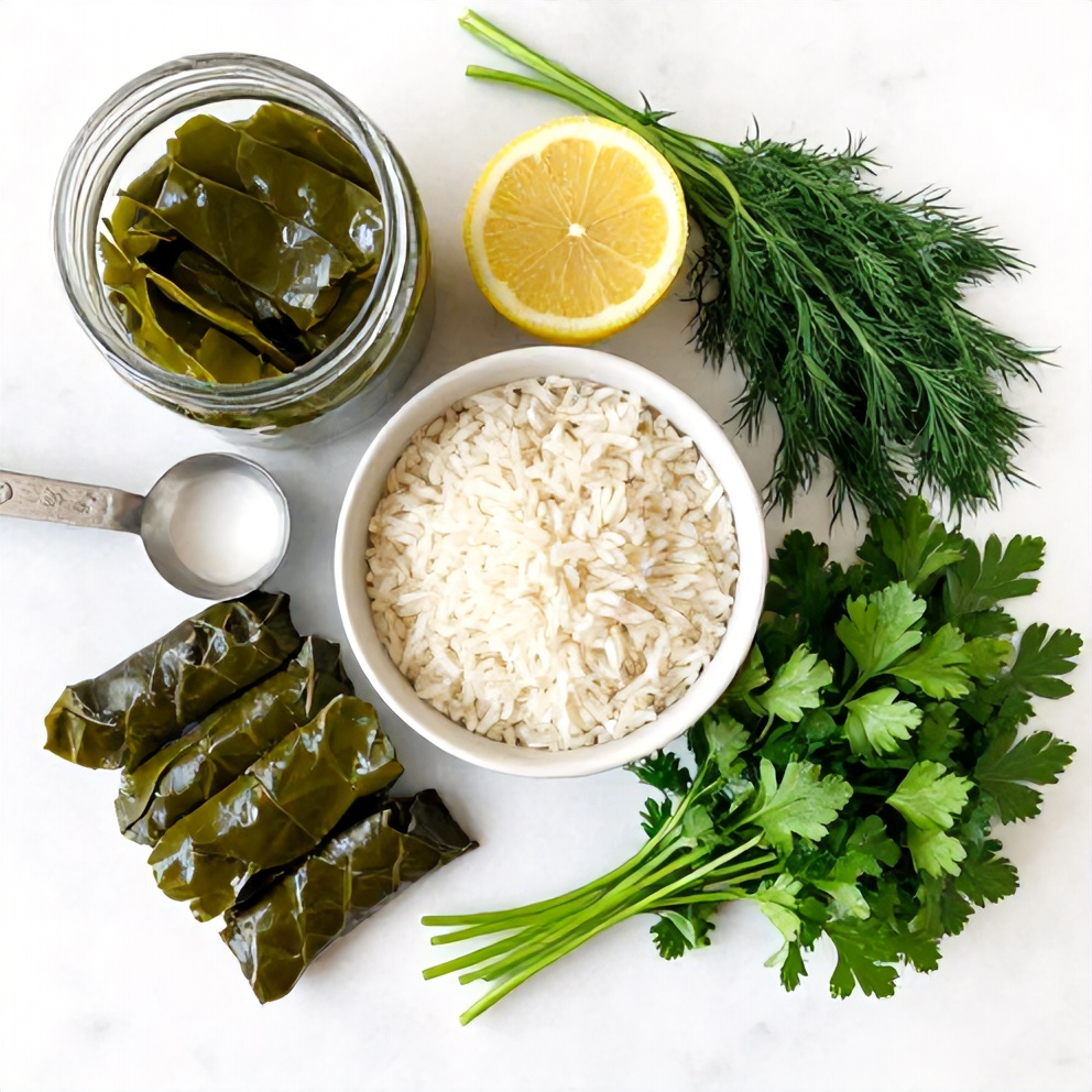 Raw ingredients for stuffed grape leaves