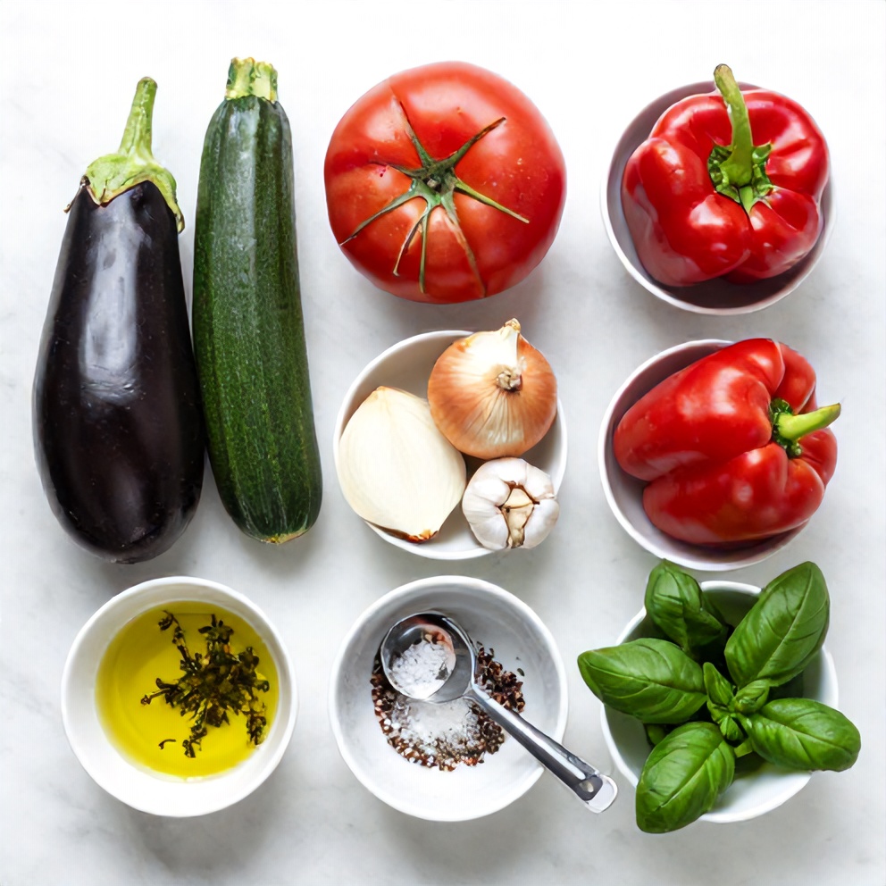 Ratatouille ingredients on a white marble surface