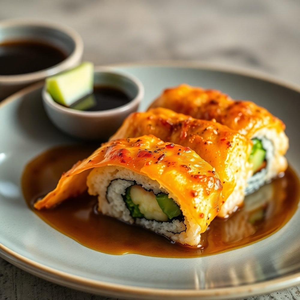 Easy Sushi Bake plated with a side of soy sauce and wasabi