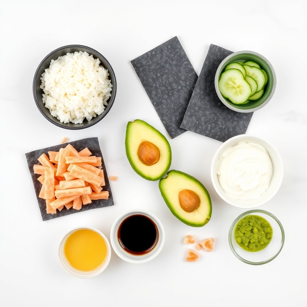 Raw ingredients for Easy Sushi Bake including sushi rice, nori, and fillings