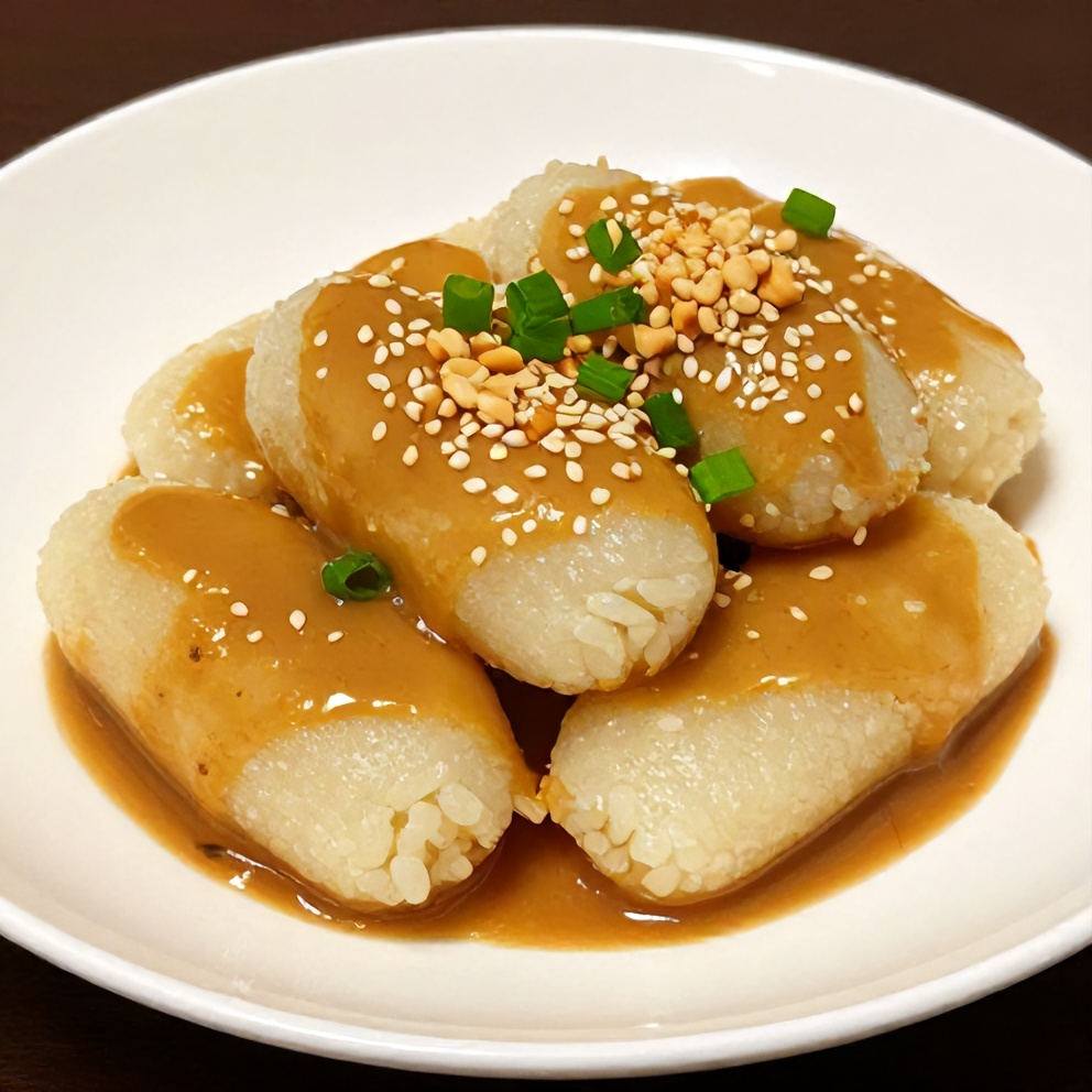 Plated serving of Sweet Soy Butter Korean Rice Cakes on a white plate