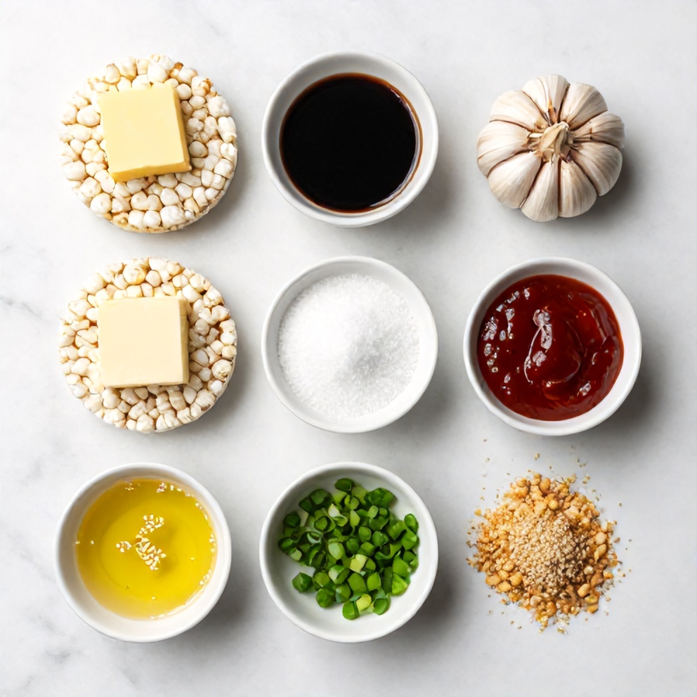 Raw ingredients for Sweet Soy Butter Korean Rice Cakes on a white marble surface