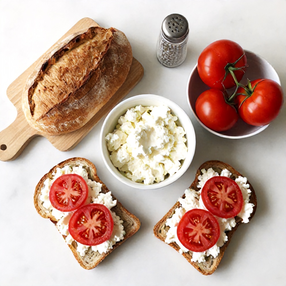 Raw ingredients for tomato and cottage cheese toast