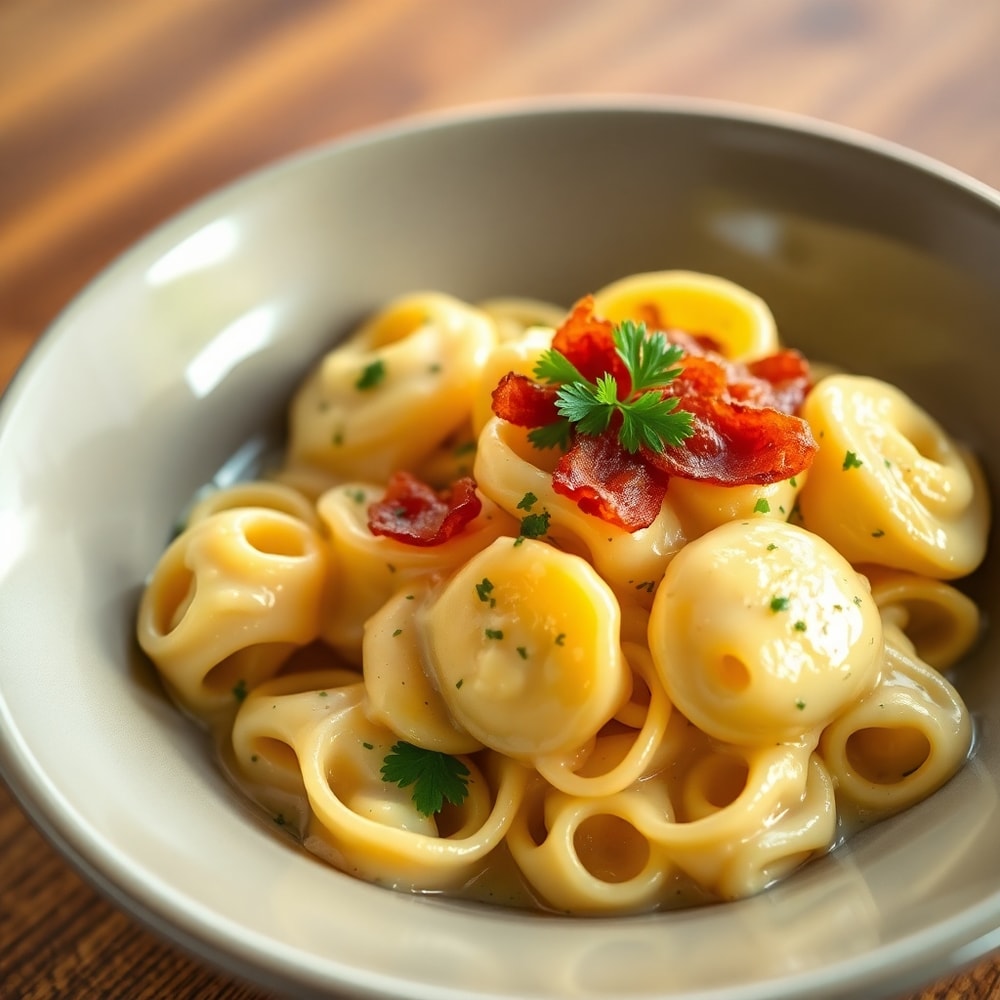 Plated serving of Tortellini Carbonara with fresh parsley