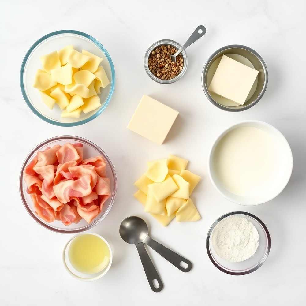 Raw ingredients for Tortellini Carbonara on a white marble surface