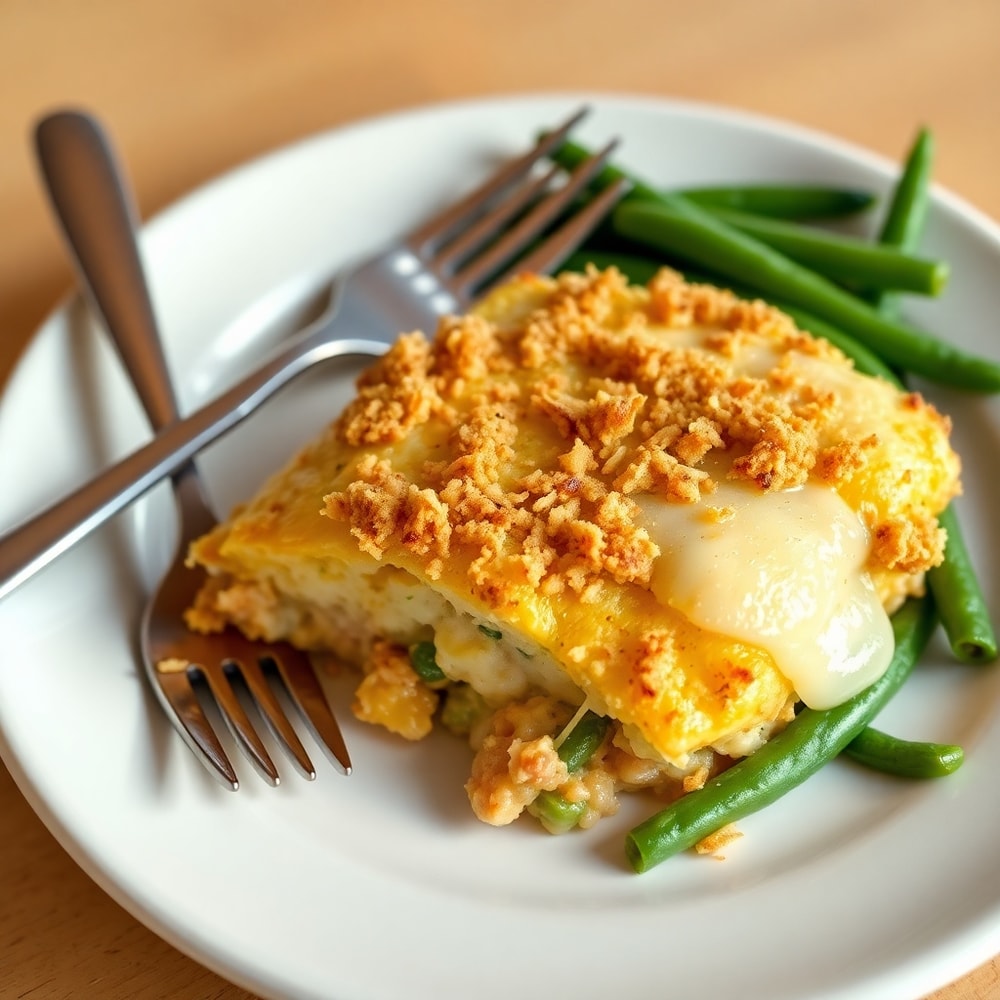 Plated Farmer’s Casserole with a side of green beans