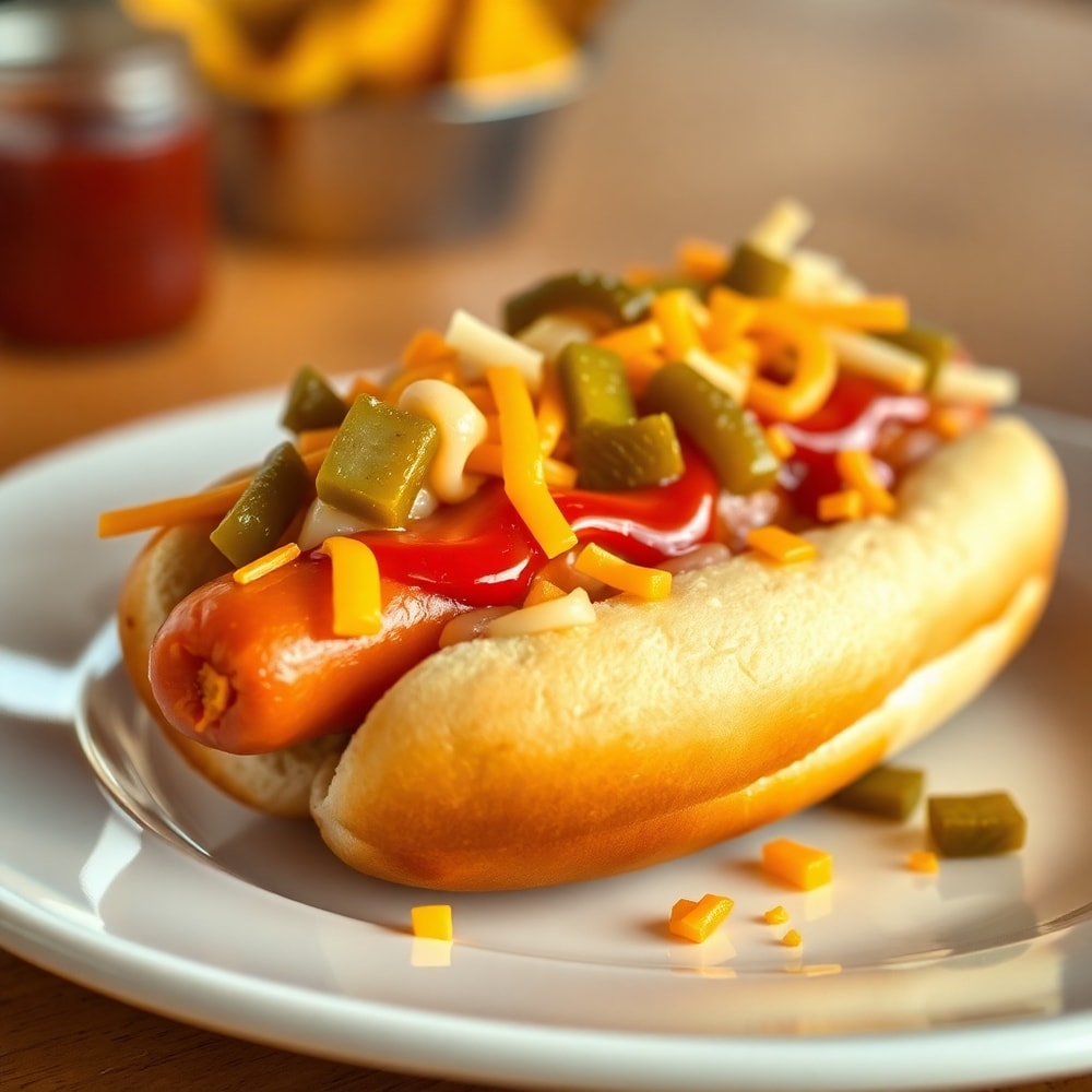 Plated Firecracker Hot Dog with toppings