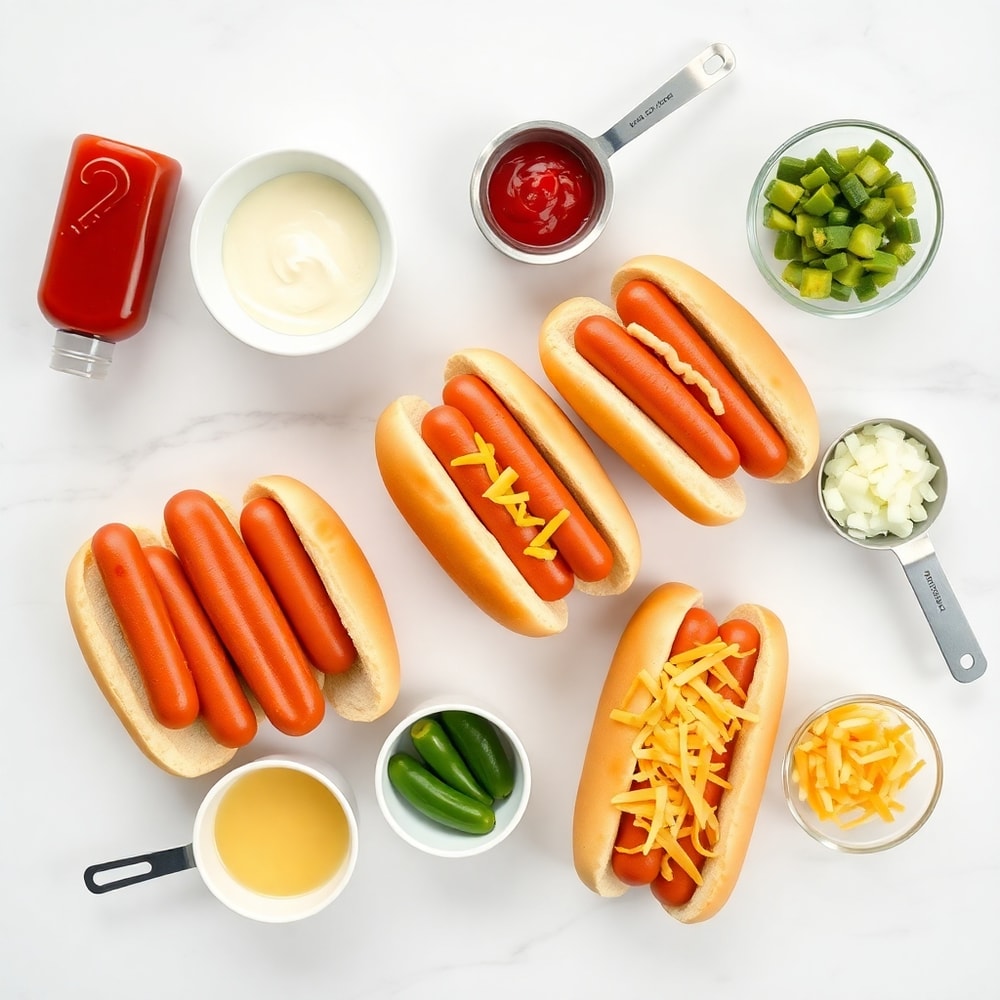 Hot dog ingredients on a marble counter