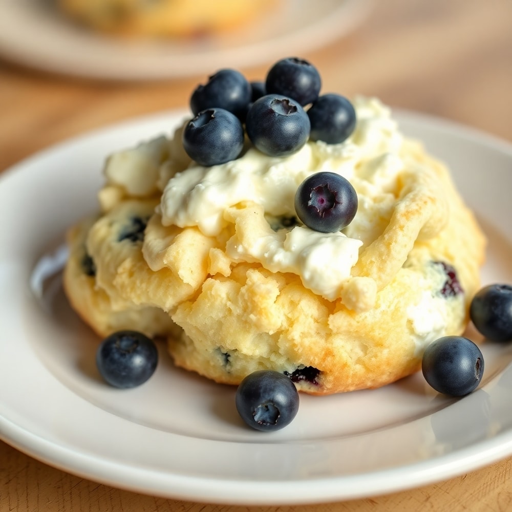 Fluffy Cottage Cheese Blueberry Cloud Bread on a plate with blueberries
