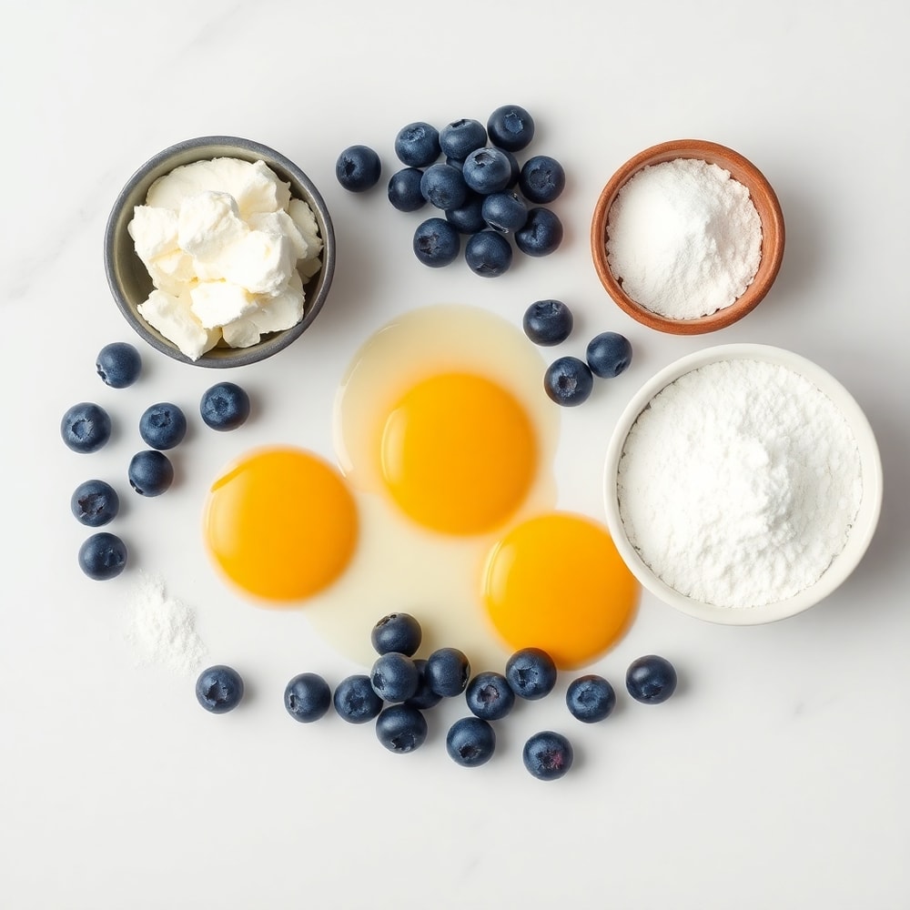 Raw ingredients for Fluffy Cottage Cheese Blueberry Cloud Bread on a marble surface