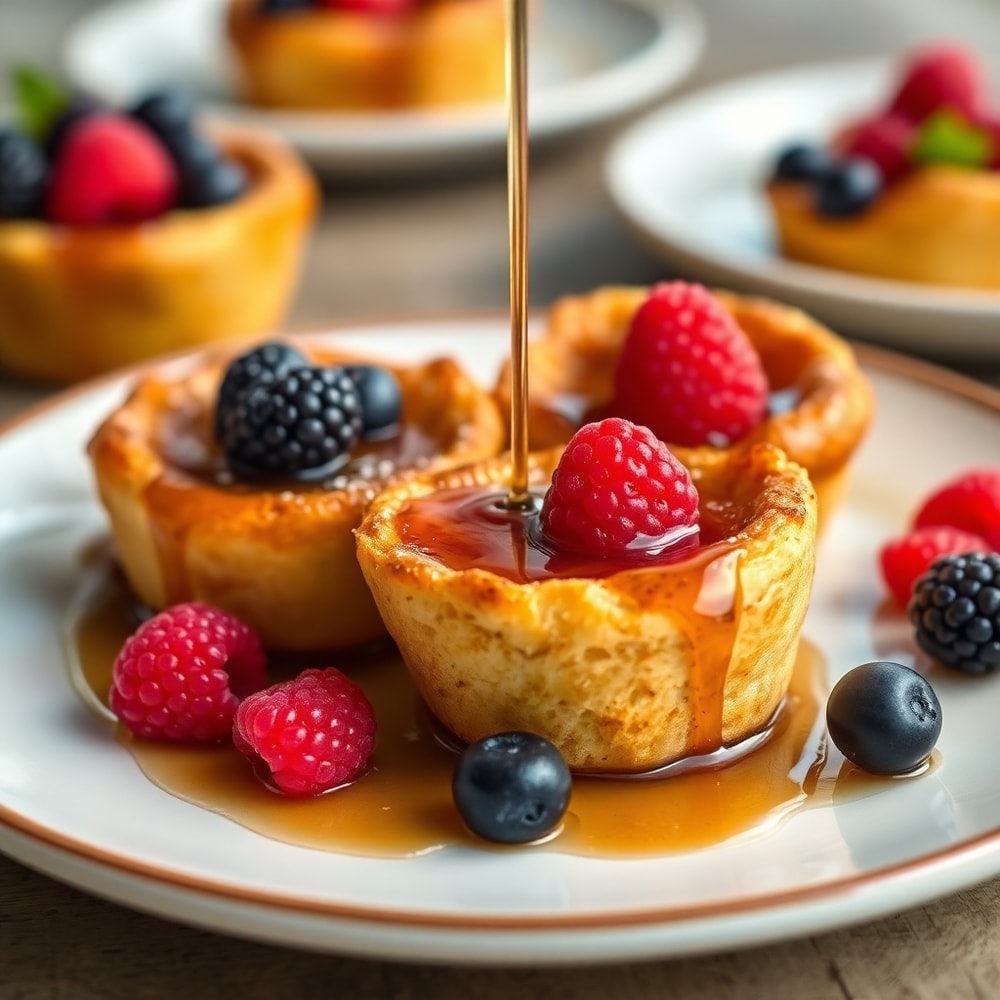 French Toast Cups plated with syrup and fresh berries