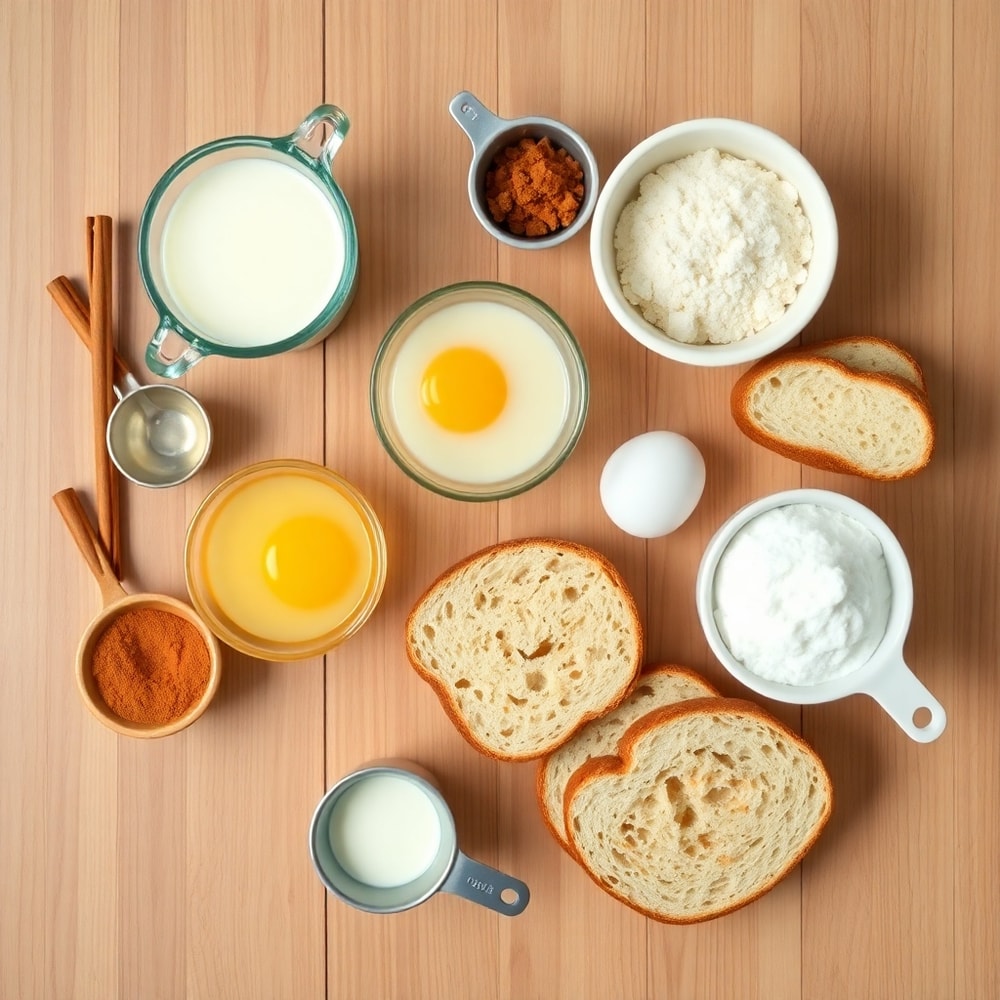 Eggs, milk, bread, cinnamon, sugar, and butter arranged on a wooden surface