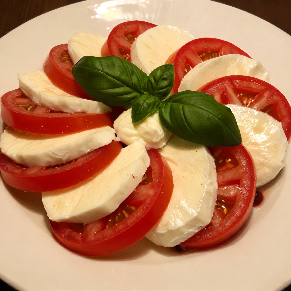 Plated Fresh Caprese Salad with creamy mozzarella