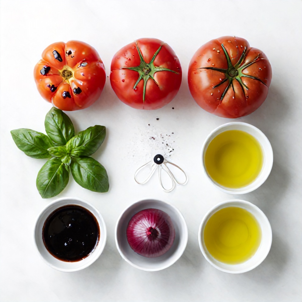 Heirloom tomatoes, fresh basil, red onion, balsamic glaze, olive oil, salt, and pepper on a marble surface