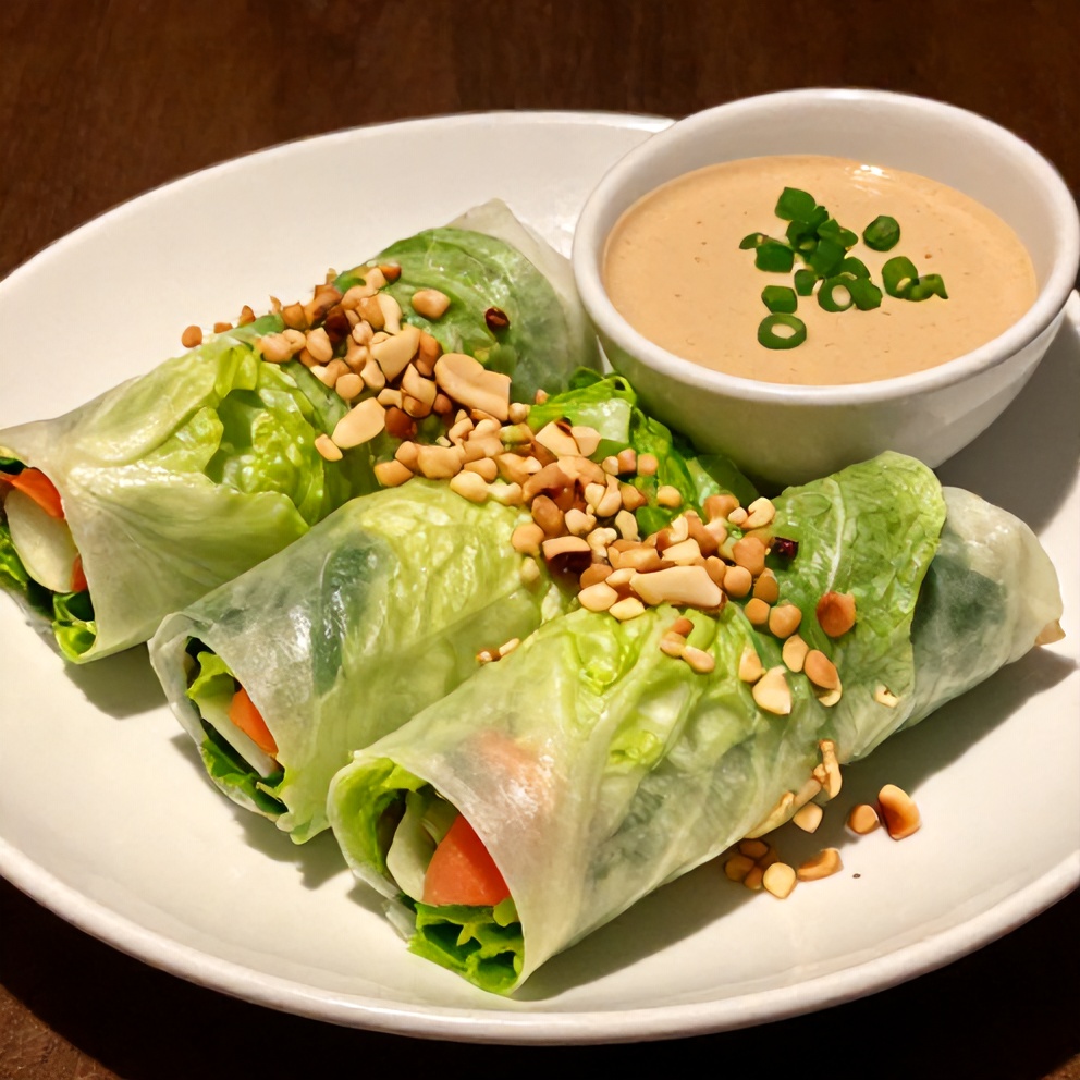Plated Fresh Lettuce Wrapped Veggie Spring Rolls with Almond Dip