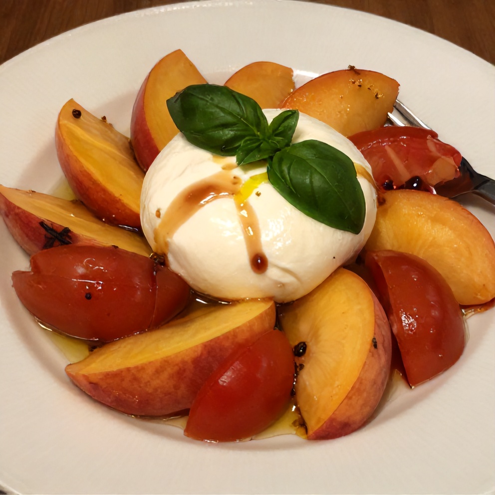 Close-up of Fresh Peach Burrata Caprese Salad with a fork