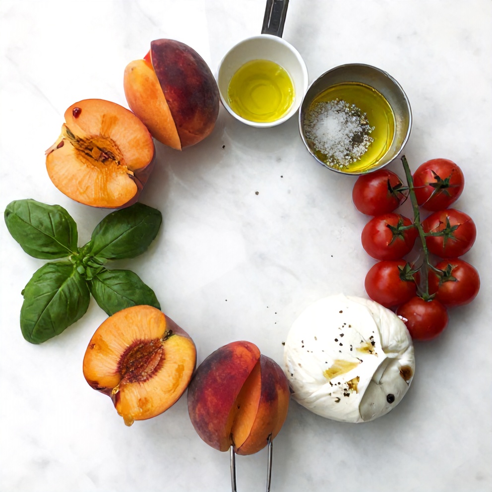 Raw ingredients for Fresh Peach Burrata Caprese Salad on a white marble surface