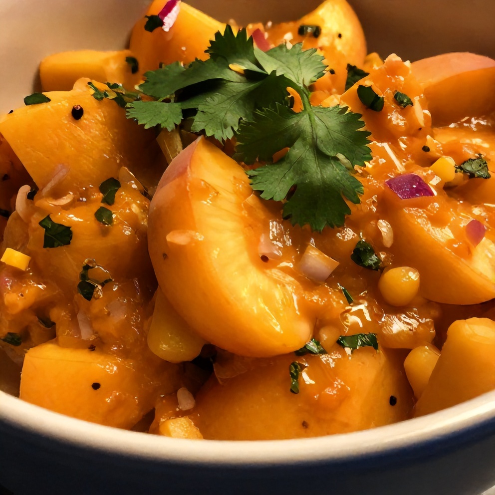 Peach salsa served in a bowl with tortilla chips