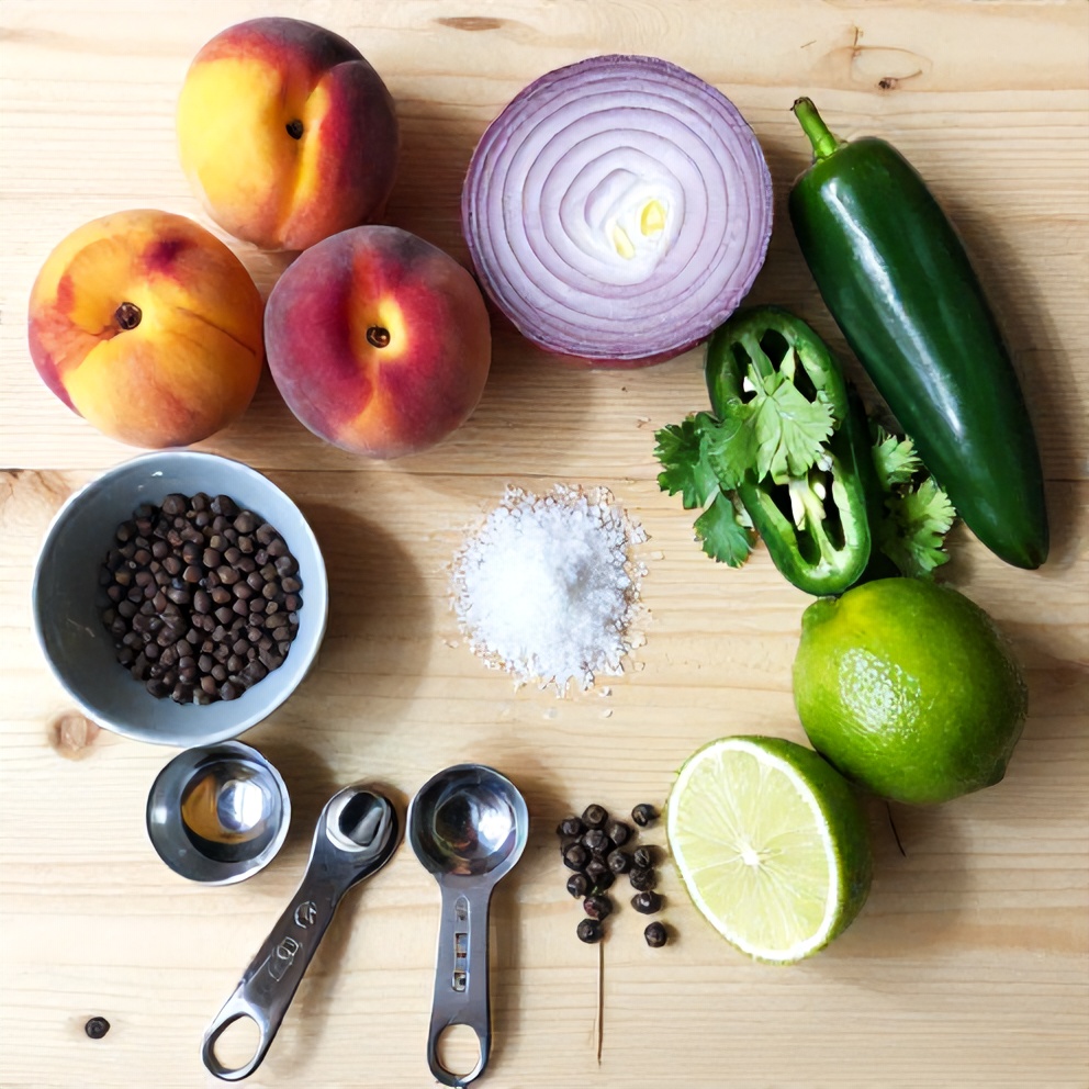 Raw ingredients for peach salsa on a wooden surface