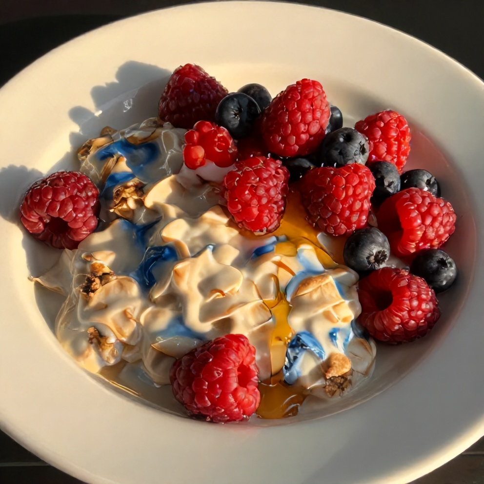 Plated Fresh Red White and Blue Overnight Oats with fresh berries