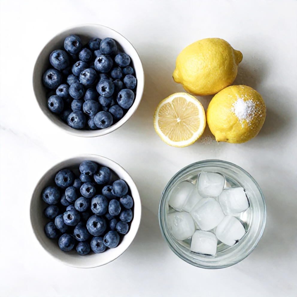 Blueberries, lemons, sugar, water, sparkling water, and ice in prep bowls on a marble surface