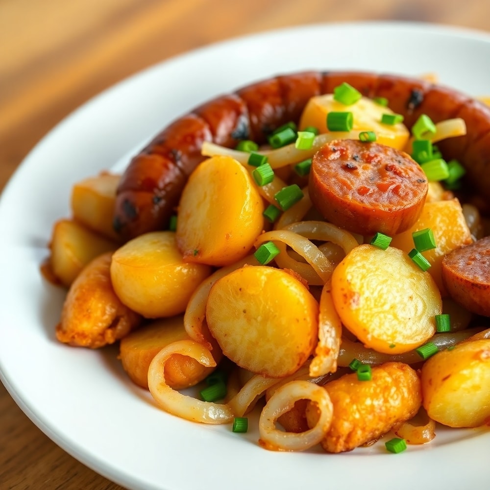 Plated Fried Potatoes, Onions, and Smoked Polish Sausage