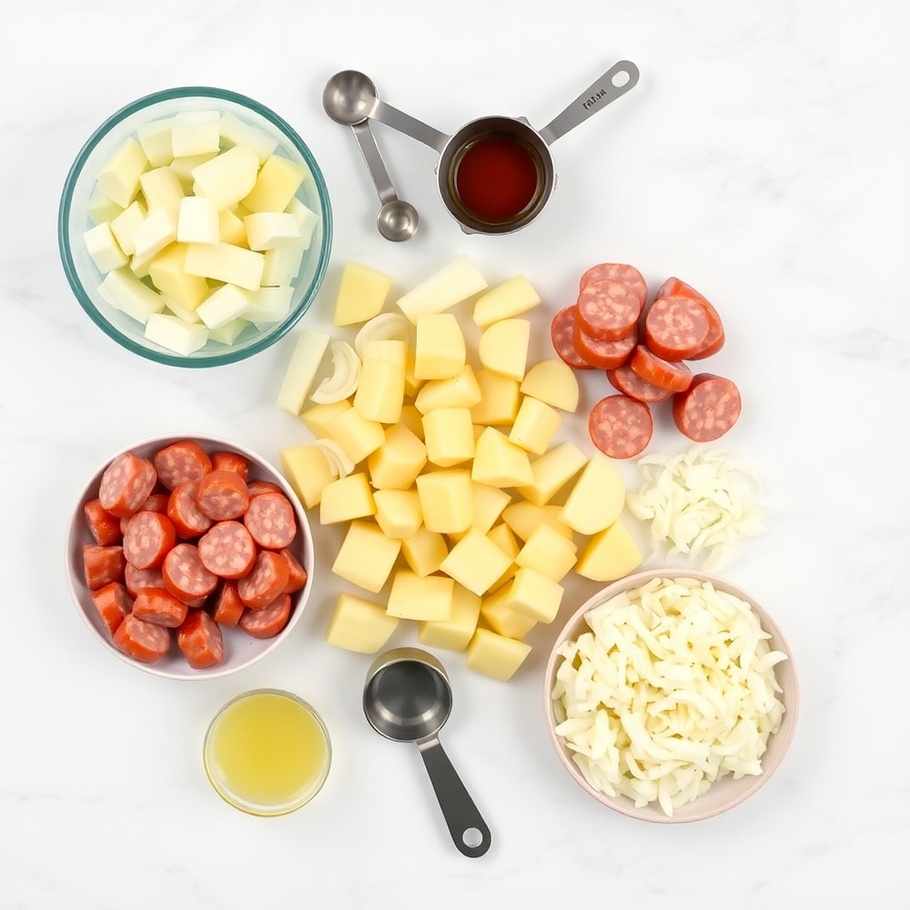 Raw Ingredients for Fried Potatoes, Onions, and Smoked Polish Sausage