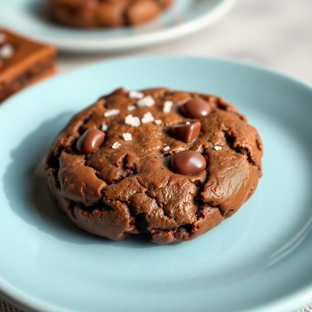 Fudgy chocolate brownie cookie on a light blue plate