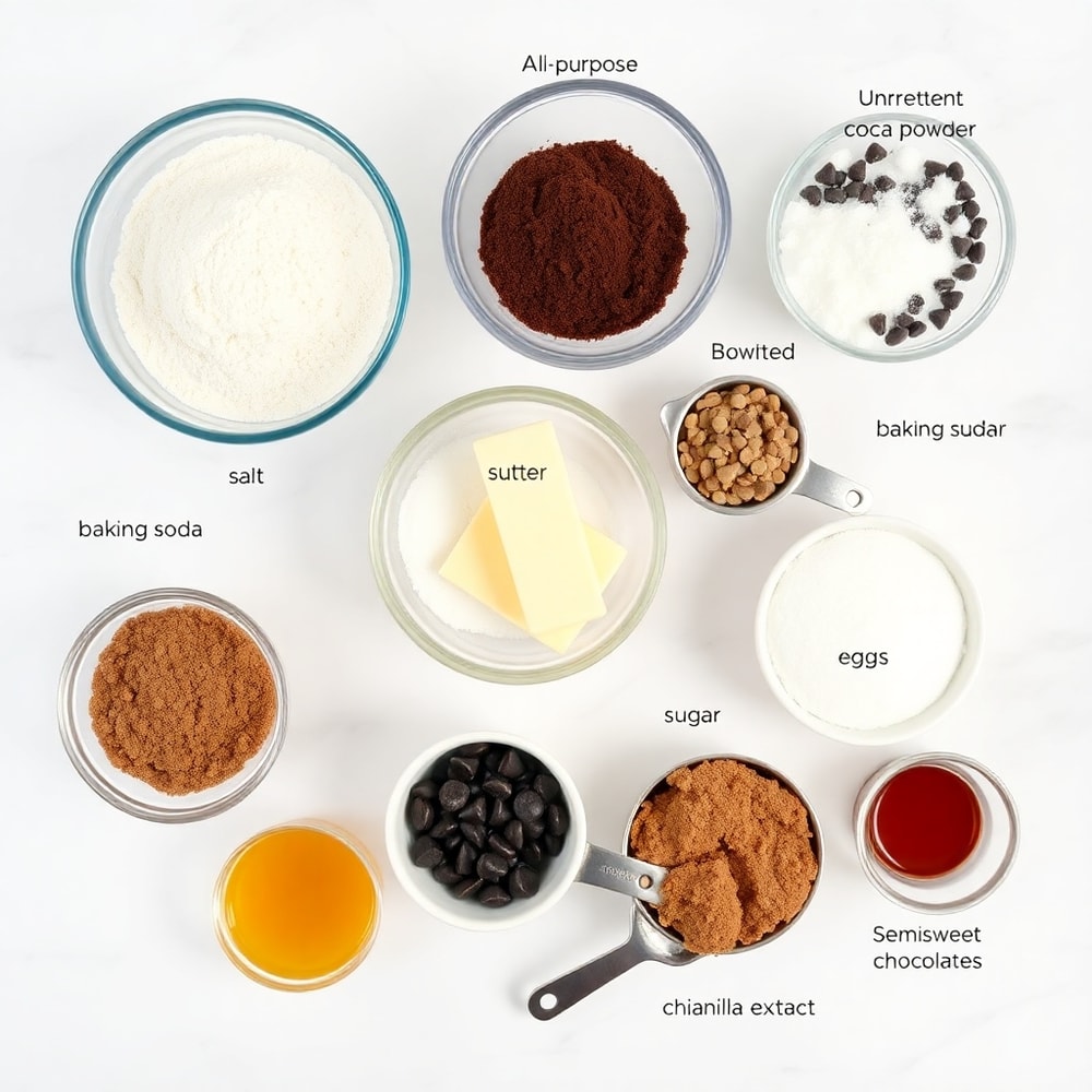 Raw ingredients for fudgy chocolate brownie cookies on a white marble surface